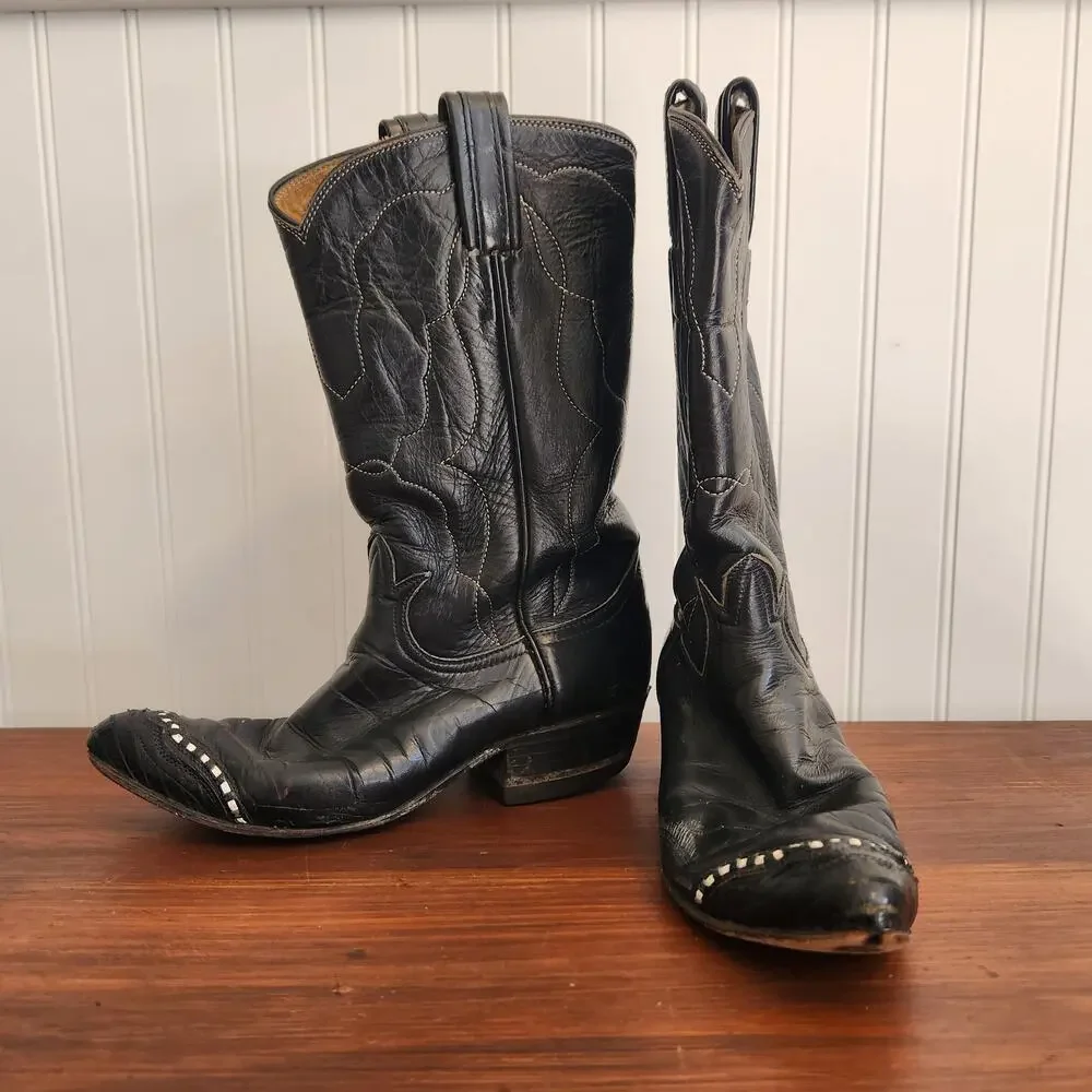 Tony Lama Women's Size 4 Cowboy Boots Vintage Style 7075 Black Leather Pre-owned